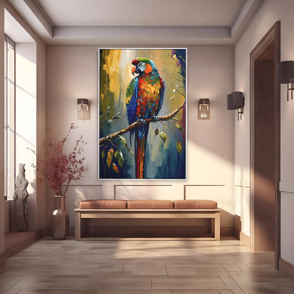 Leinwandbilder Premium LuxCanva® C1019, Papagei auf einem Ast, Farben, Kinderzimmer, Schlafzimmer, Wohnzimmer, entspannend, lebendige Farben