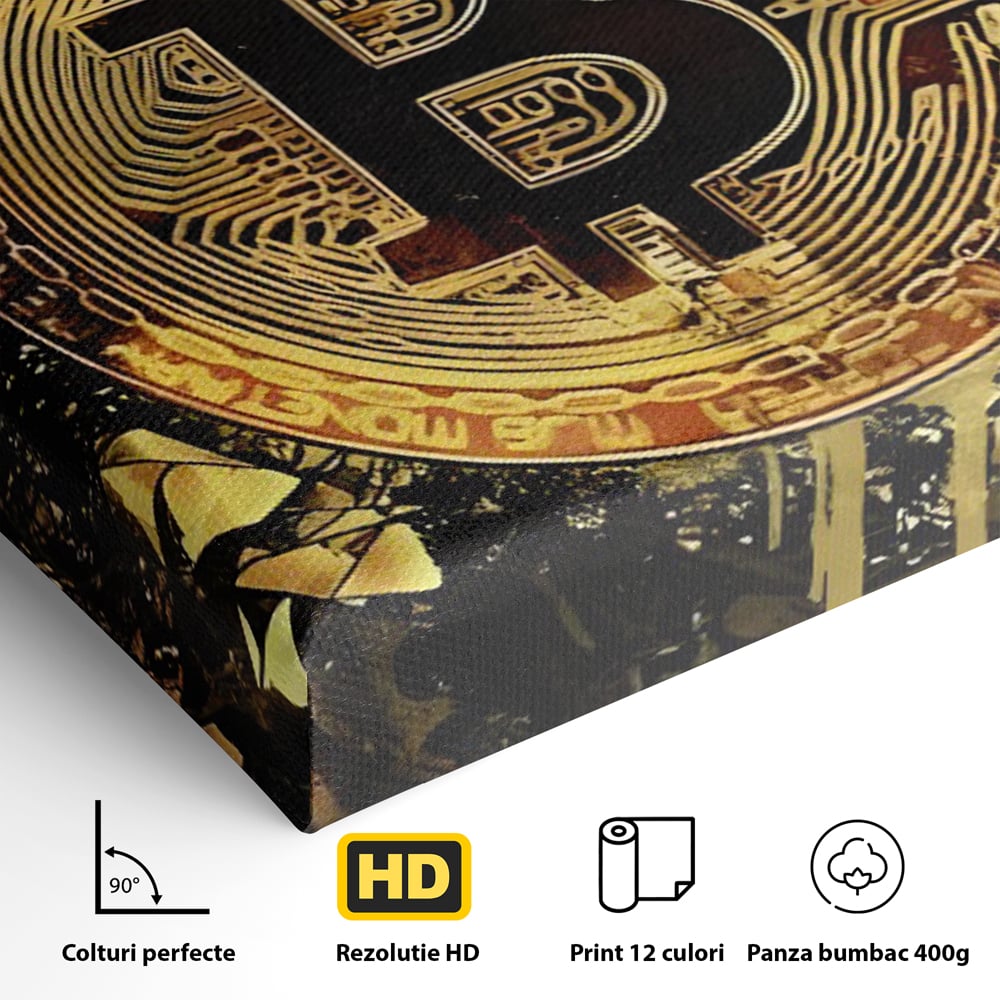 Tablou Canvas Premium LuxCanva® C1023 Golden Bitcoin , Culori, Bitcoin, Moneda Virtulala, Dormitor, Living, Relaxare, Culori Vibrante