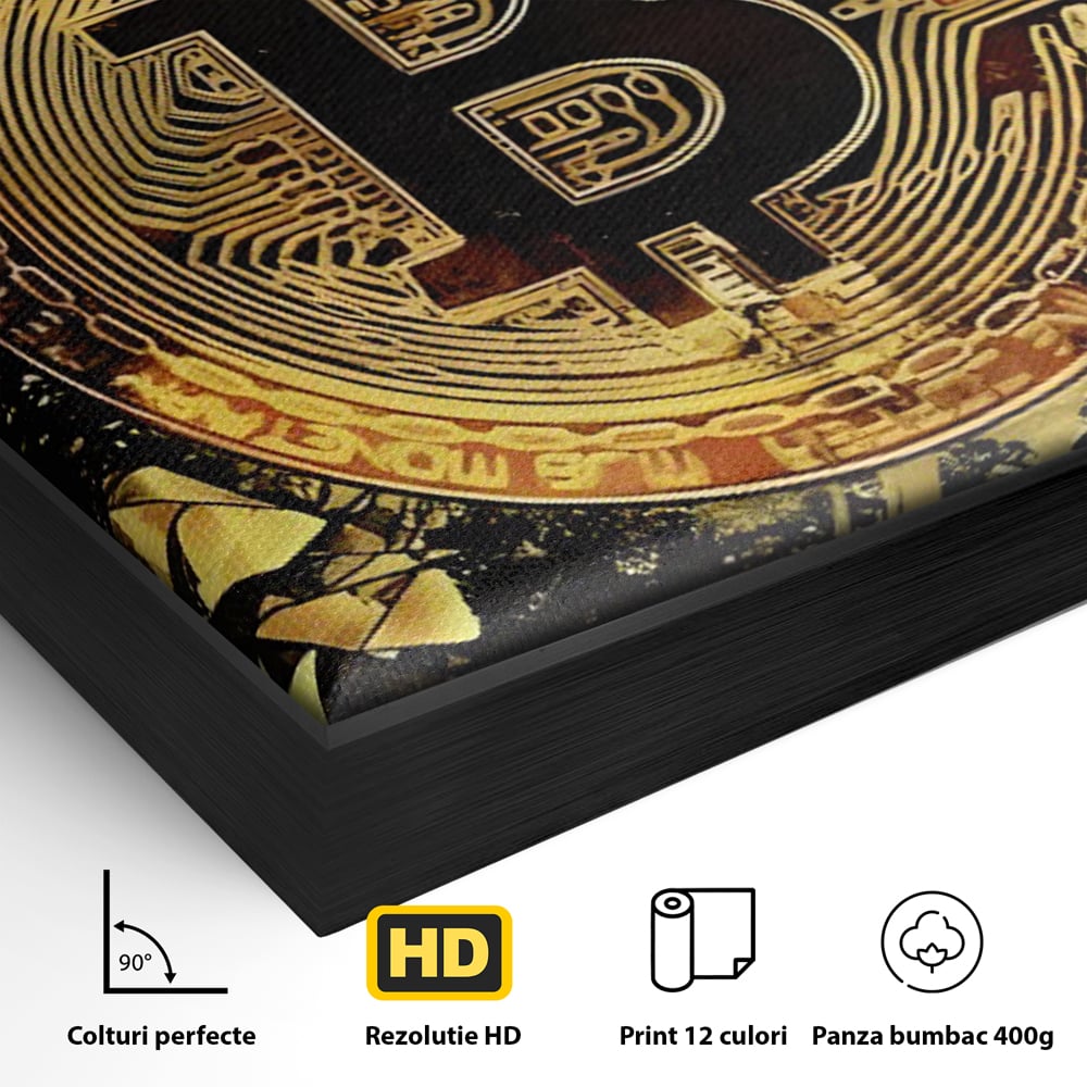 Tablou Canvas Premium LuxCanva® C1023 Golden Bitcoin , Culori, Bitcoin, Moneda Virtulala, Dormitor, Living, Relaxare, Culori Vibrante