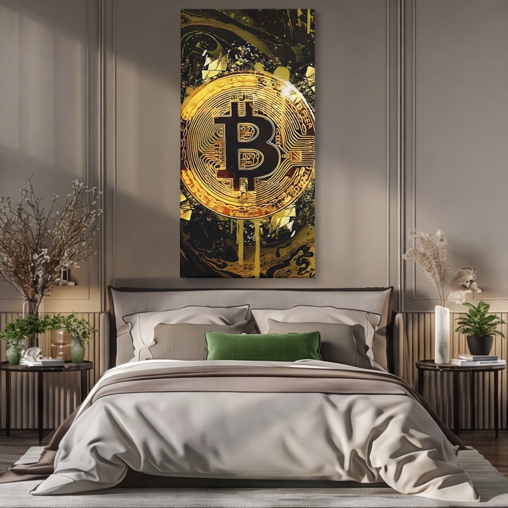 Tablou Canvas Premium LuxCanva® C1023 Golden Bitcoin , Culori, Bitcoin, Moneda Virtulala, Dormitor, Living, Relaxare, Culori Vibrante