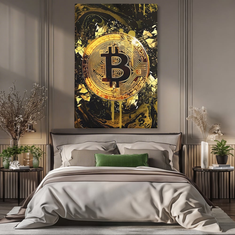 Tablou Canvas Premium LuxCanva® C1023 Golden Bitcoin , Culori, Bitcoin, Moneda Virtulala, Dormitor, Living, Relaxare, Culori Vibrante