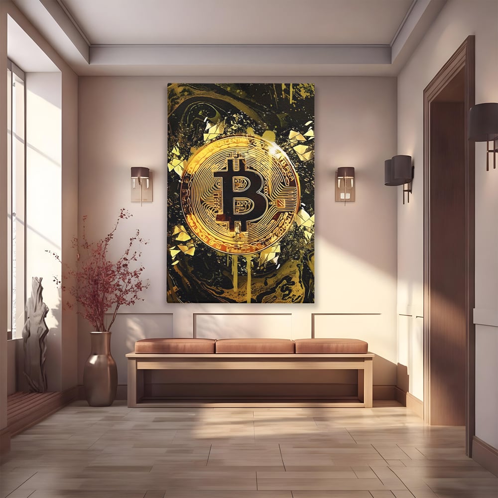 Tablou Canvas Premium LuxCanva® C1023 Golden Bitcoin , Culori, Bitcoin, Moneda Virtulala, Dormitor, Living, Relaxare, Culori Vibrante