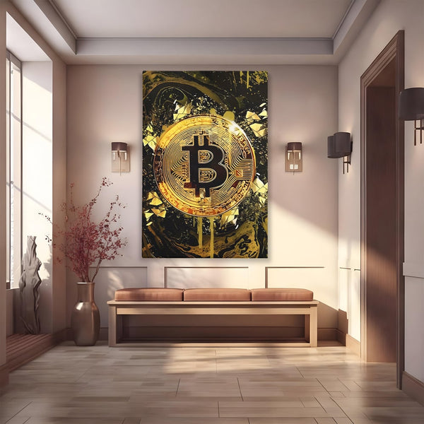 Tablou Canvas Premium LuxCanva® C1023 Golden Bitcoin , Culori, Bitcoin, Moneda Virtulala, Dormitor, Living, Relaxare, Culori Vibrante