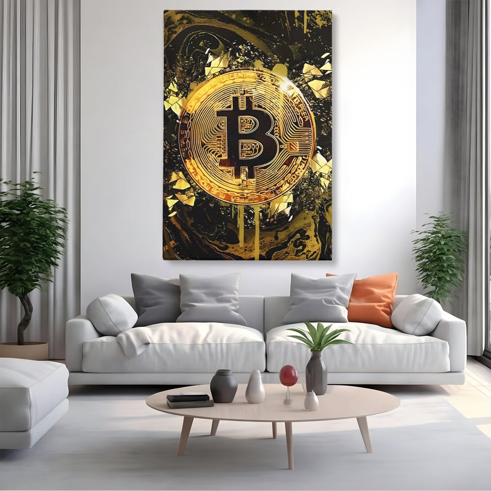 Tablou Canvas Premium LuxCanva® C1023 Golden Bitcoin , Culori, Bitcoin, Moneda Virtulala, Dormitor, Living, Relaxare, Culori Vibrante