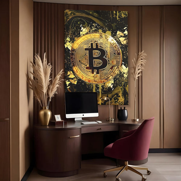 Tablou Canvas Premium LuxCanva® C1023 Golden Bitcoin , Culori, Bitcoin, Moneda Virtulala, Dormitor, Living, Relaxare, Culori Vibrante