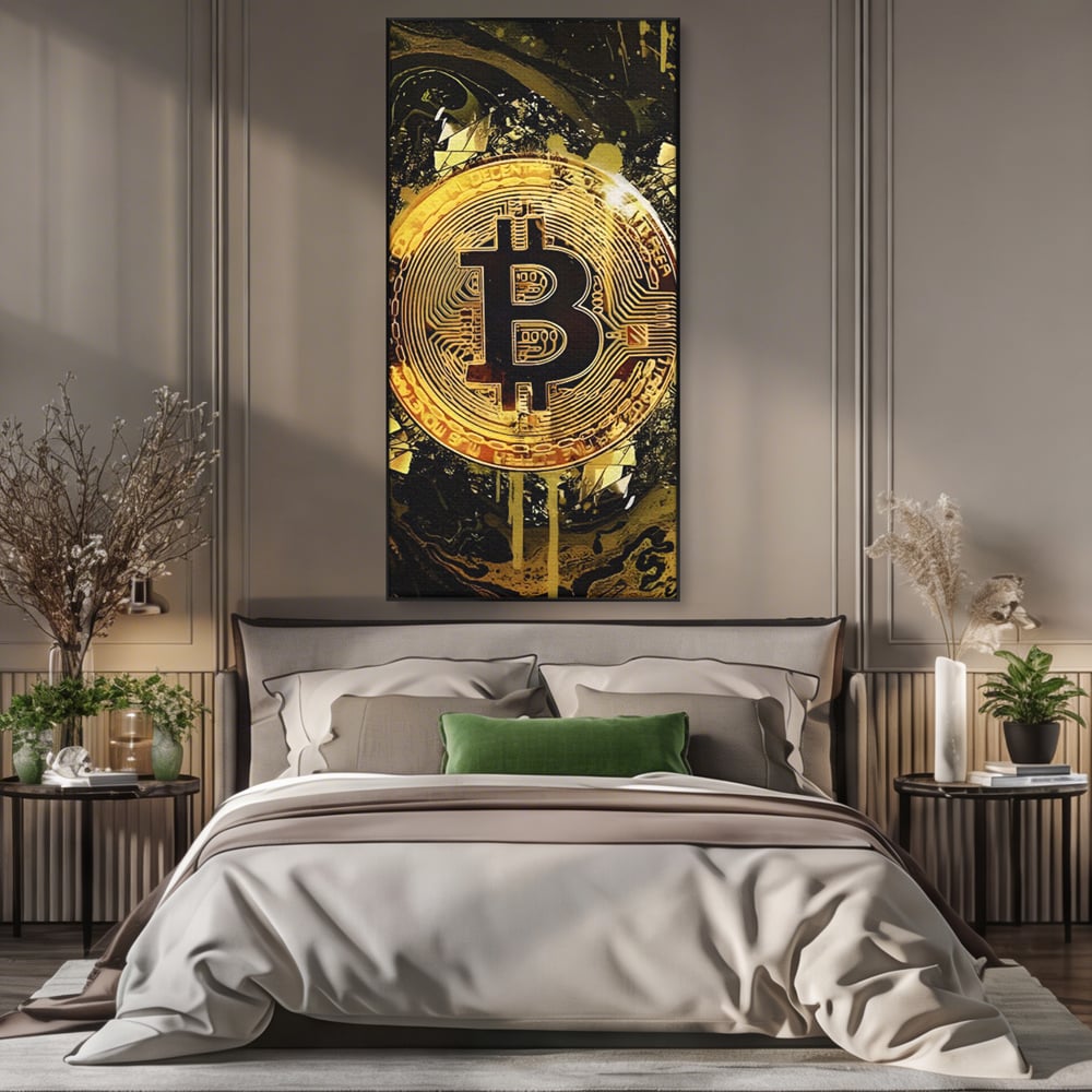 Tablou Canvas Premium LuxCanva® C1023 Golden Bitcoin , Culori, Bitcoin, Moneda Virtulala, Dormitor, Living, Relaxare, Culori Vibrante