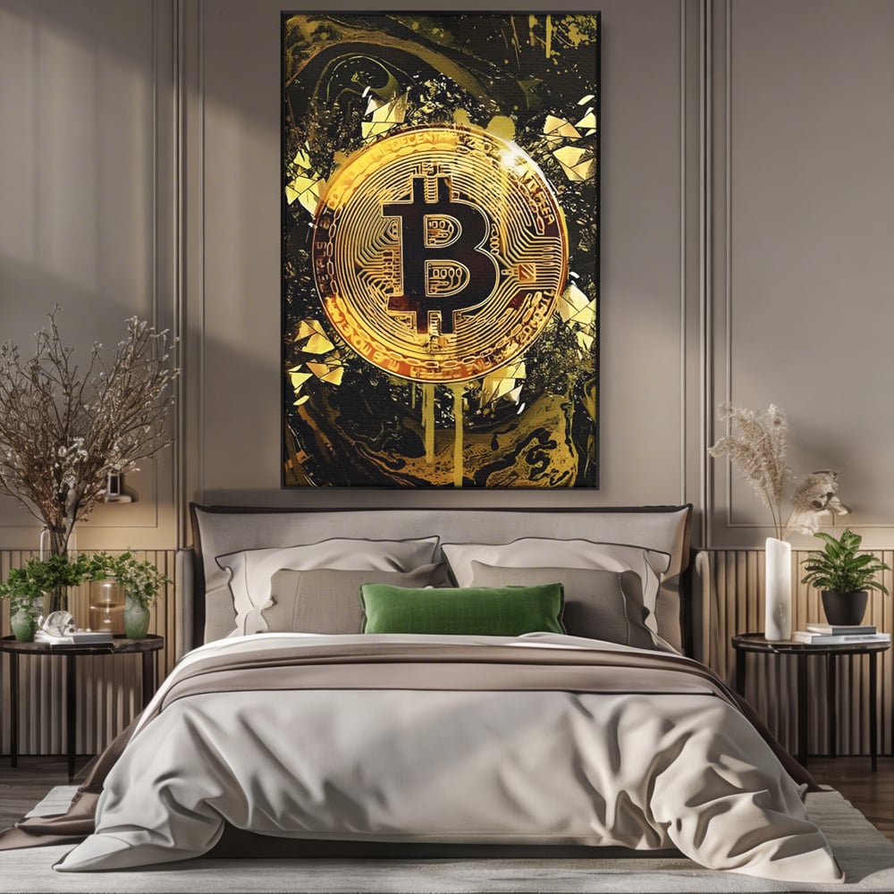 Tablou Canvas Premium LuxCanva® C1023 Golden Bitcoin , Culori, Bitcoin, Moneda Virtulala, Dormitor, Living, Relaxare, Culori Vibrante
