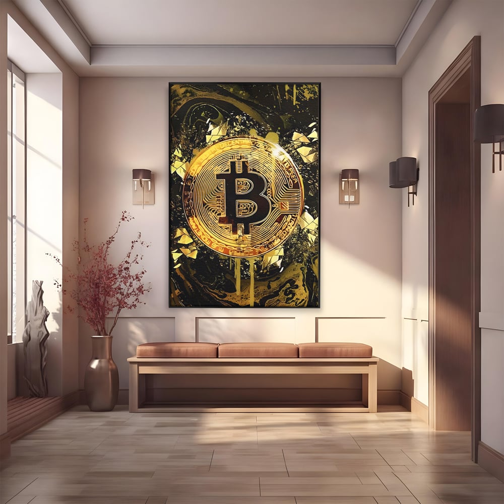 Tablou Canvas Premium LuxCanva® C1023 Golden Bitcoin , Culori, Bitcoin, Moneda Virtulala, Dormitor, Living, Relaxare, Culori Vibrante