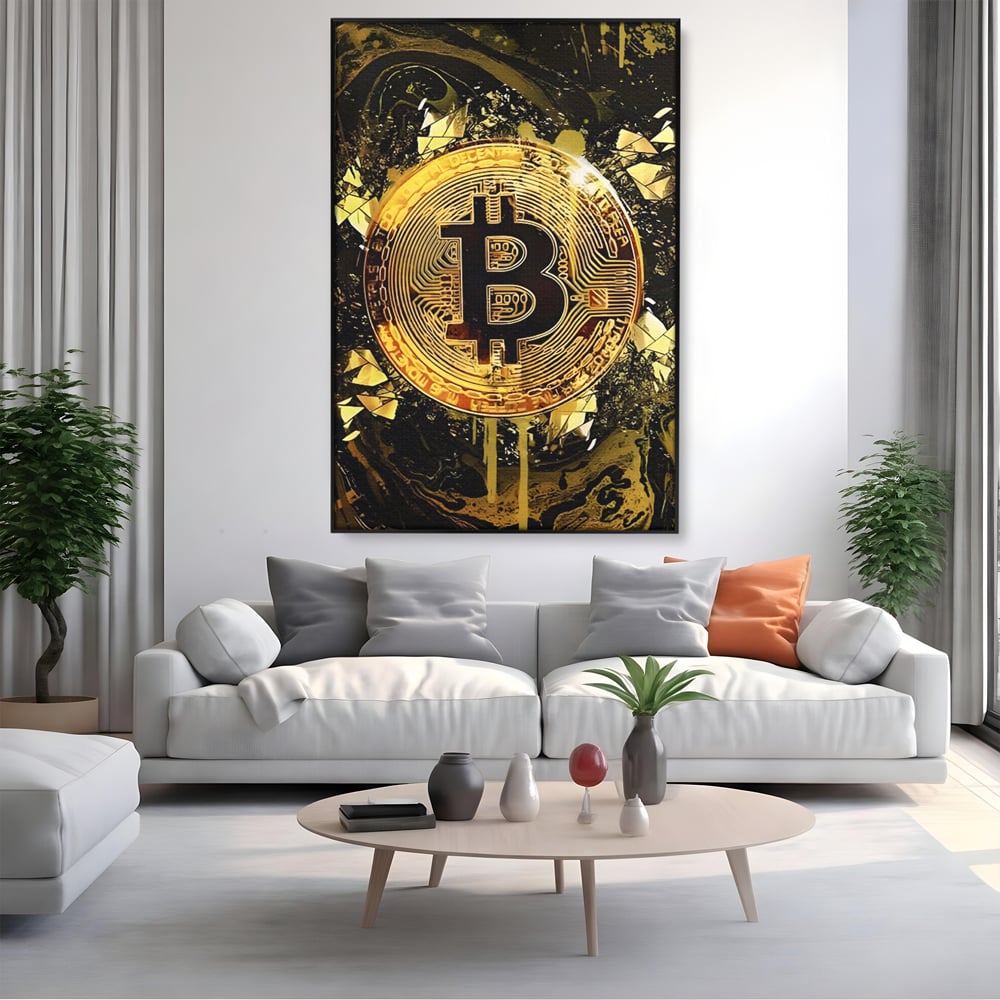 Tablou Canvas Premium LuxCanva® C1023 Golden Bitcoin , Culori, Bitcoin, Moneda Virtulala, Dormitor, Living, Relaxare, Culori Vibrante