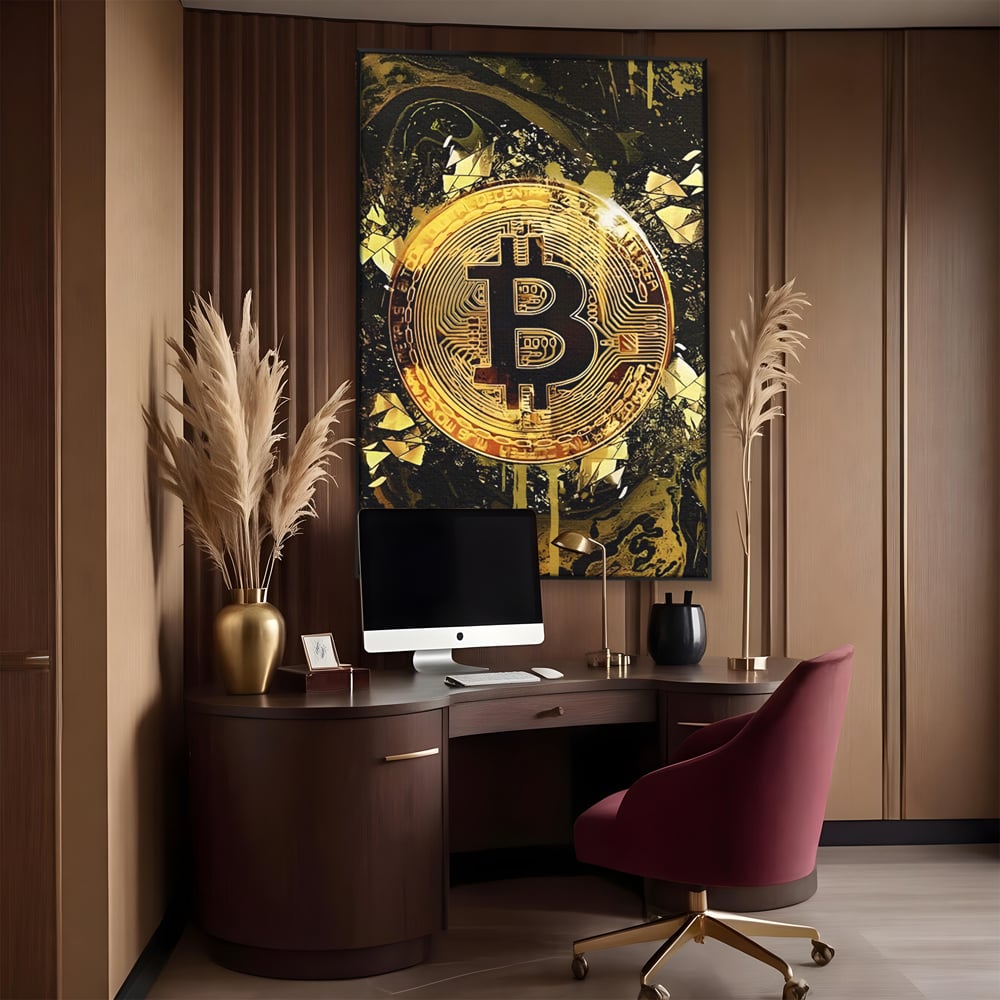 Tablou Canvas Premium LuxCanva® C1023 Golden Bitcoin , Culori, Bitcoin, Moneda Virtulala, Dormitor, Living, Relaxare, Culori Vibrante