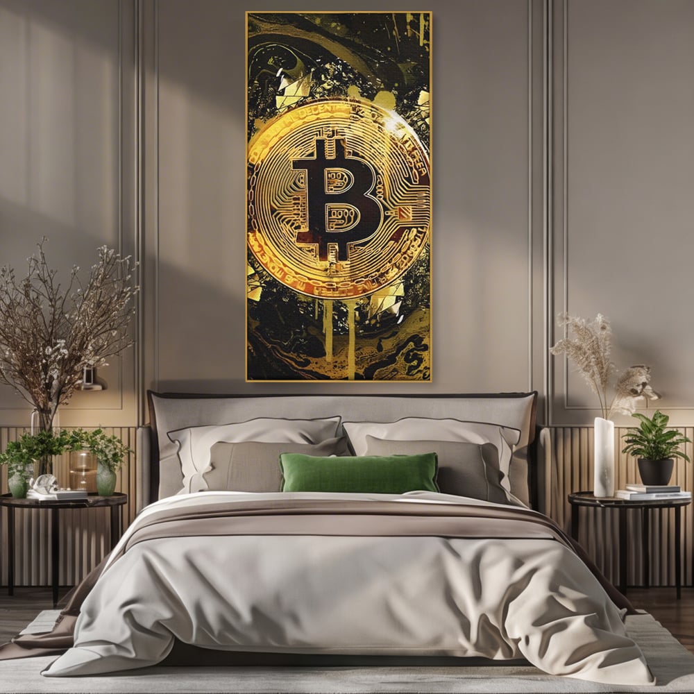 Tablou Canvas Premium LuxCanva® C1023 Golden Bitcoin , Culori, Bitcoin, Moneda Virtulala, Dormitor, Living, Relaxare, Culori Vibrante