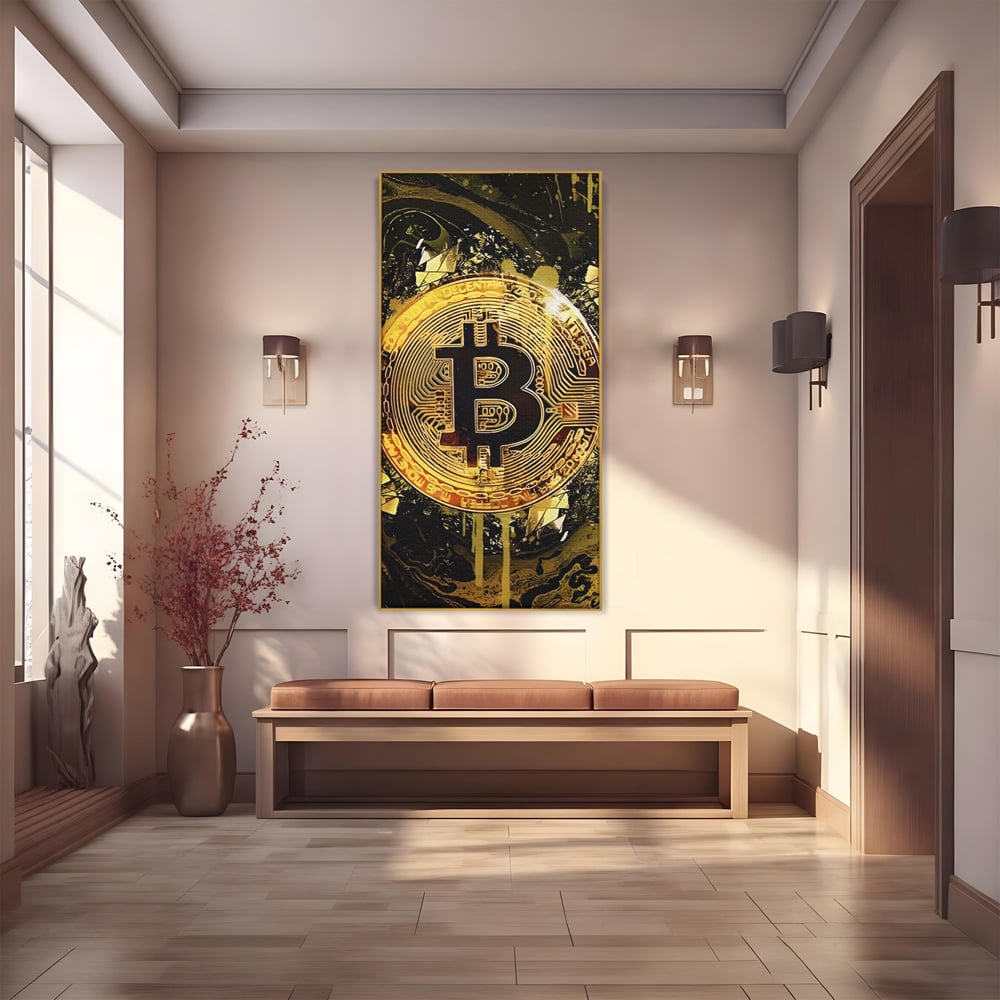 Tablou Canvas Premium LuxCanva® C1023 Golden Bitcoin , Culori, Bitcoin, Moneda Virtulala, Dormitor, Living, Relaxare, Culori Vibrante