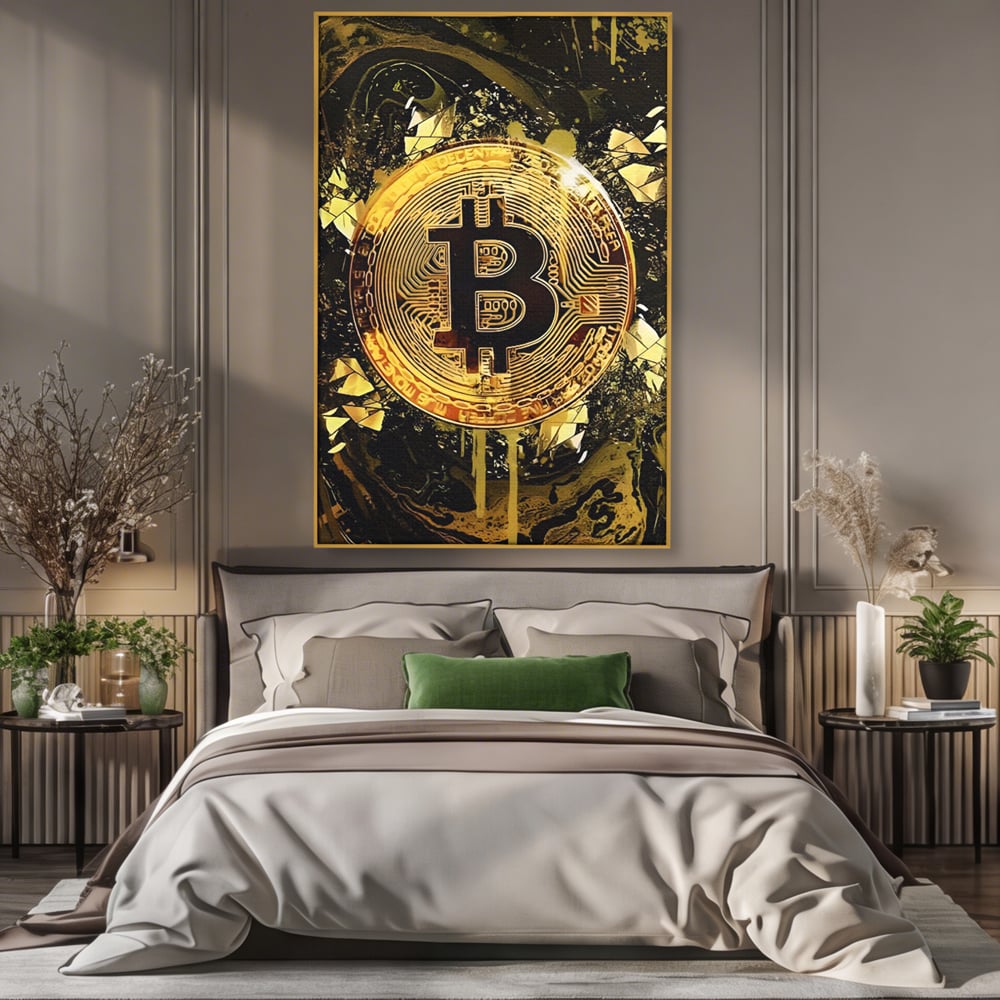 Tablou Canvas Premium LuxCanva® C1023 Golden Bitcoin , Culori, Bitcoin, Moneda Virtulala, Dormitor, Living, Relaxare, Culori Vibrante
