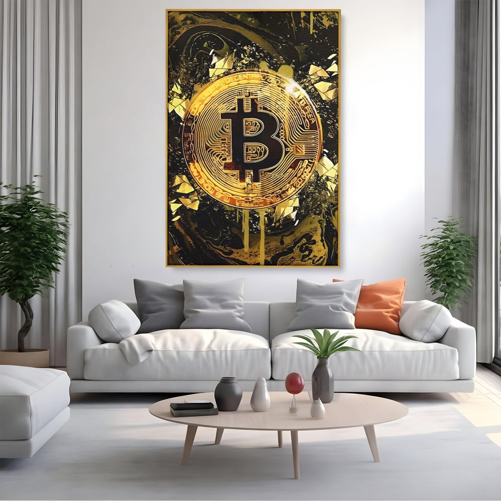 Tablou Canvas Premium LuxCanva® C1023 Golden Bitcoin , Culori, Bitcoin, Moneda Virtulala, Dormitor, Living, Relaxare, Culori Vibrante