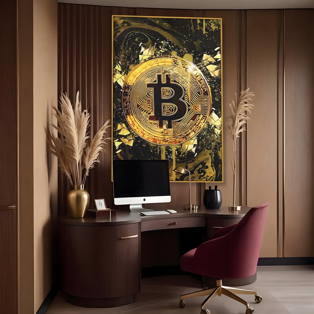 Tablou Canvas Premium LuxCanva® C1023 Golden Bitcoin , Culori, Bitcoin, Moneda Virtulala, Dormitor, Living, Relaxare, Culori Vibrante
