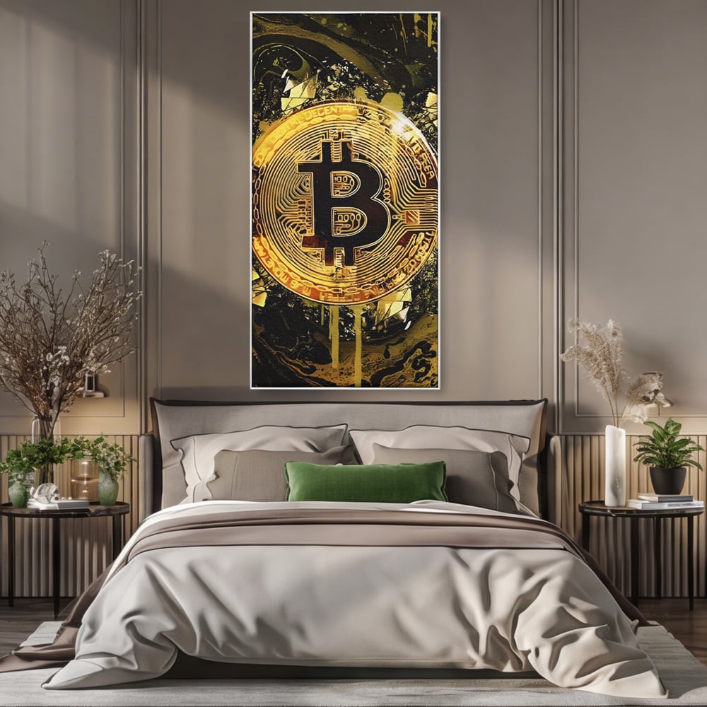Tablou Canvas Premium LuxCanva® C1023 Golden Bitcoin , Culori, Bitcoin, Moneda Virtulala, Dormitor, Living, Relaxare, Culori Vibrante
