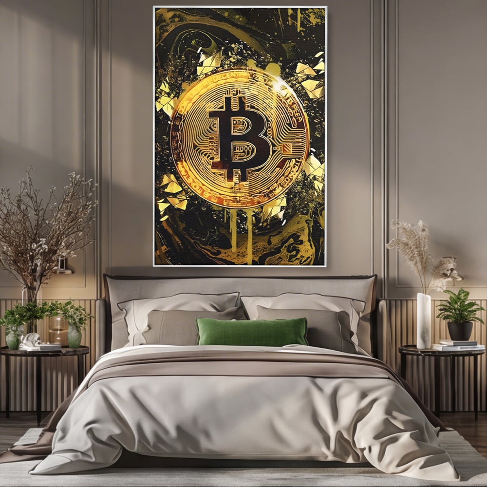 Tablou Canvas Premium LuxCanva® C1023 Golden Bitcoin , Culori, Bitcoin, Moneda Virtulala, Dormitor, Living, Relaxare, Culori Vibrante
