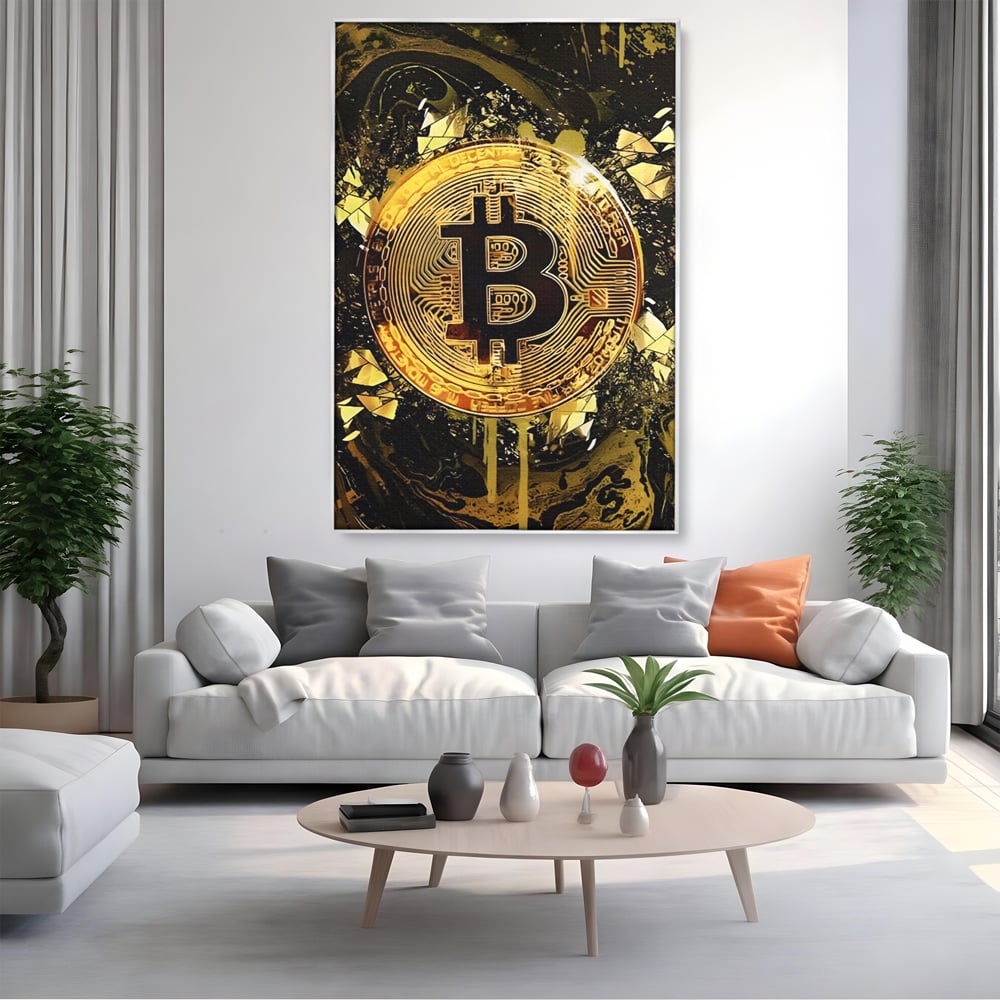 Tablou Canvas Premium LuxCanva® C1023 Golden Bitcoin , Culori, Bitcoin, Moneda Virtulala, Dormitor, Living, Relaxare, Culori Vibrante