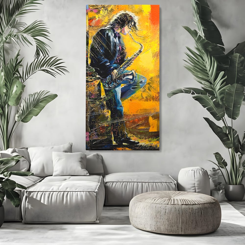 Tablou Canvas Premium LuxCanva® C1025, Muzician Stradal , Culori, Muzician, Saxofon, Dormitor, Camera Copilului, Relaxare, Culori Vibrante