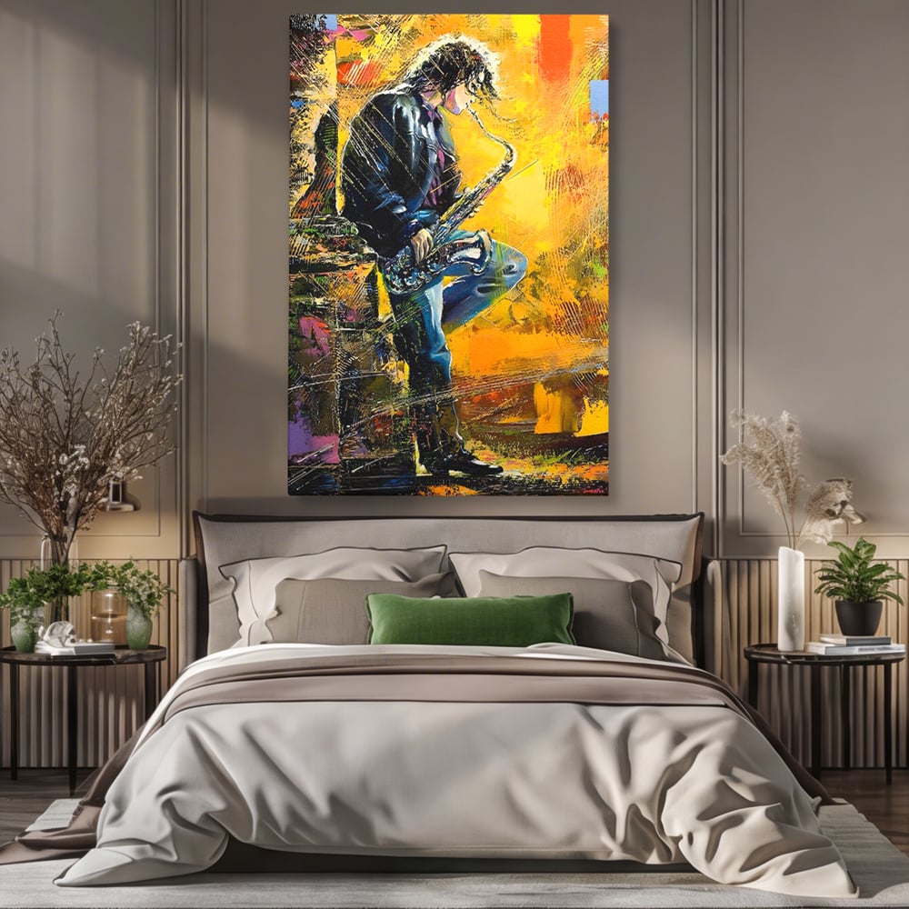 Tablou Canvas Premium LuxCanva® C1025, Muzician Stradal , Culori, Muzician, Saxofon, Dormitor, Camera Copilului, Relaxare, Culori Vibrante