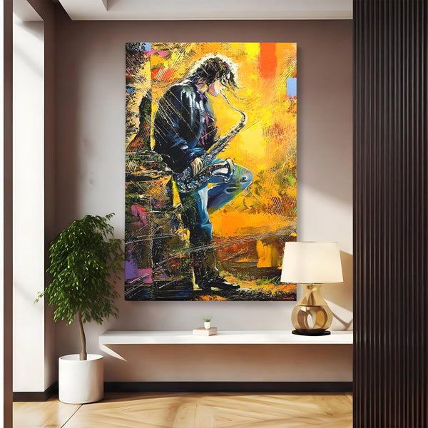 Tablou Canvas Premium LuxCanva® C1025, Muzician Stradal , Culori, Muzician, Saxofon, Dormitor, Camera Copilului, Relaxare, Culori Vibrante