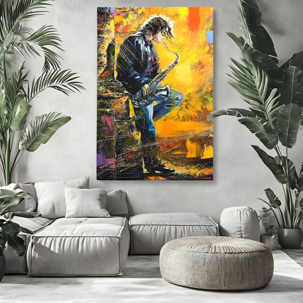 Tablou Canvas Premium LuxCanva® C1025, Muzician Stradal , Culori, Muzician, Saxofon, Dormitor, Camera Copilului, Relaxare, Culori Vibrante
