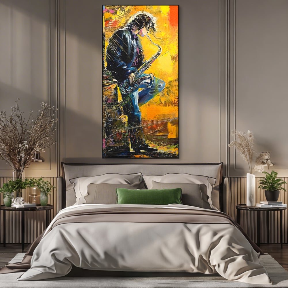 Tablou Canvas Premium LuxCanva® C1025, Muzician Stradal , Culori, Muzician, Saxofon, Dormitor, Camera Copilului, Relaxare, Culori Vibrante