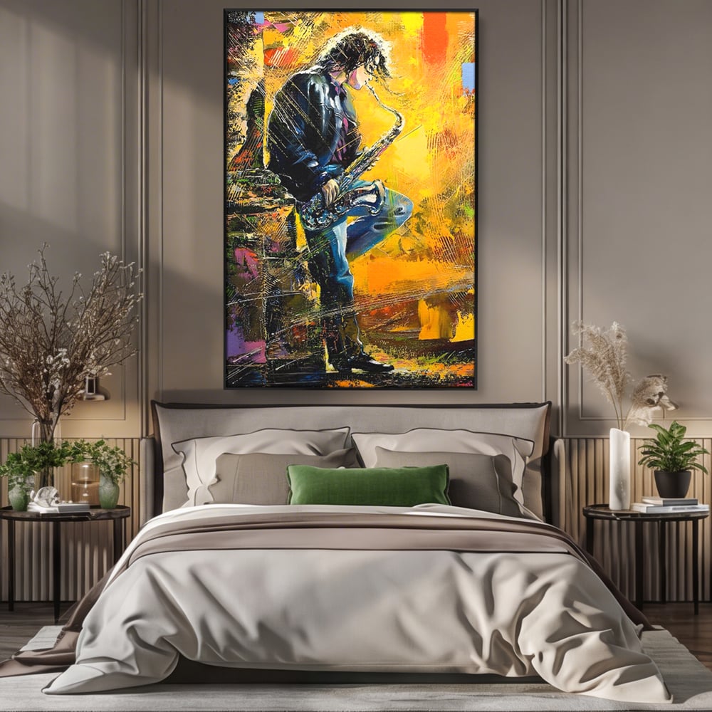 Tablou Canvas Premium LuxCanva® C1025, Muzician Stradal , Culori, Muzician, Saxofon, Dormitor, Camera Copilului, Relaxare, Culori Vibrante