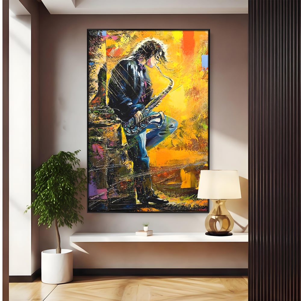 Tablou Canvas Premium LuxCanva® C1025, Muzician Stradal , Culori, Muzician, Saxofon, Dormitor, Camera Copilului, Relaxare, Culori Vibrante