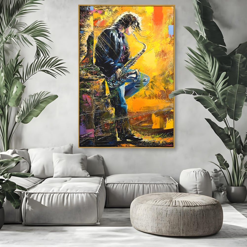 Tablou Canvas Premium LuxCanva® C1025, Muzician Stradal , Culori, Muzician, Saxofon, Dormitor, Camera Copilului, Relaxare, Culori Vibrante