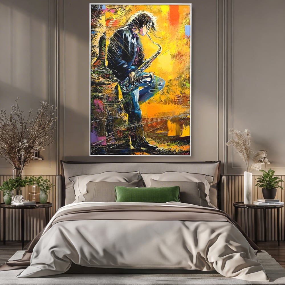 Tablou Canvas Premium LuxCanva® C1025, Muzician Stradal , Culori, Muzician, Saxofon, Dormitor, Camera Copilului, Relaxare, Culori Vibrante