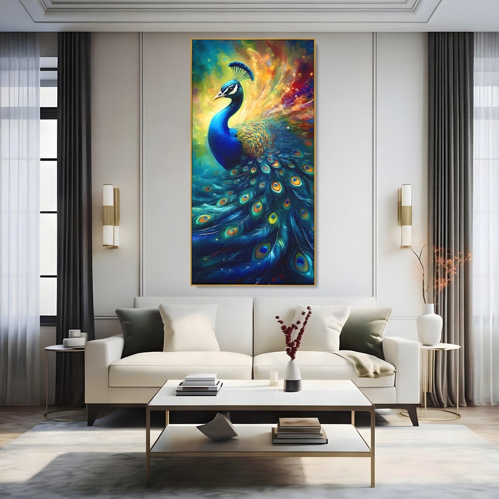 Tablou Canvas Premium LuxCanva® C1026, Paun Stralucitor , Culori, Pasari, Paun, Dormitor, Living, Relaxare, Culori Vibrante