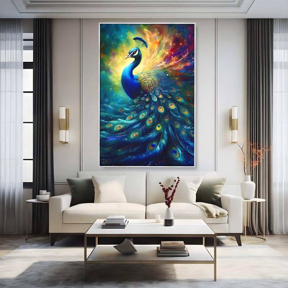 Tablou Canvas Premium LuxCanva® C1026, Paun Stralucitor , Culori, Pasari, Paun, Dormitor, Living, Relaxare, Culori Vibrante