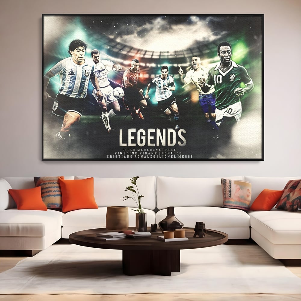 Tablou Canvas Premium LuxCanva® C1031, Legende Ale Fotbalului , Maradona, Pele, Ronaldo, CR7, Messi, Zidane, Legende, Game Room, Bar, Relaxare, Culori Vibrante