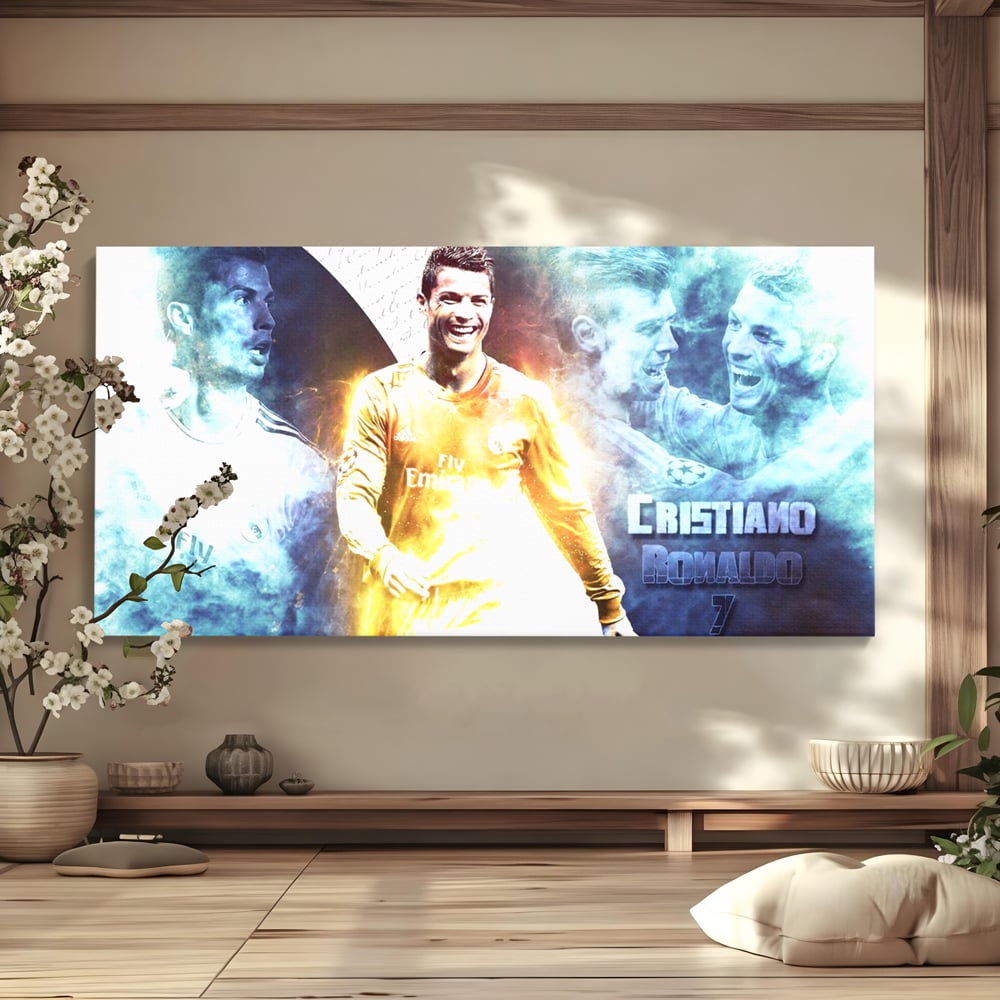 Tablou Canvas Premium LuxCanva® C1034, Cristiano Ronaldo ,  Culori, Fotbalist, Real Madrid, CR 7, Camera Copilului, Game Room, Bar, Relaxare, Culori Vibrante