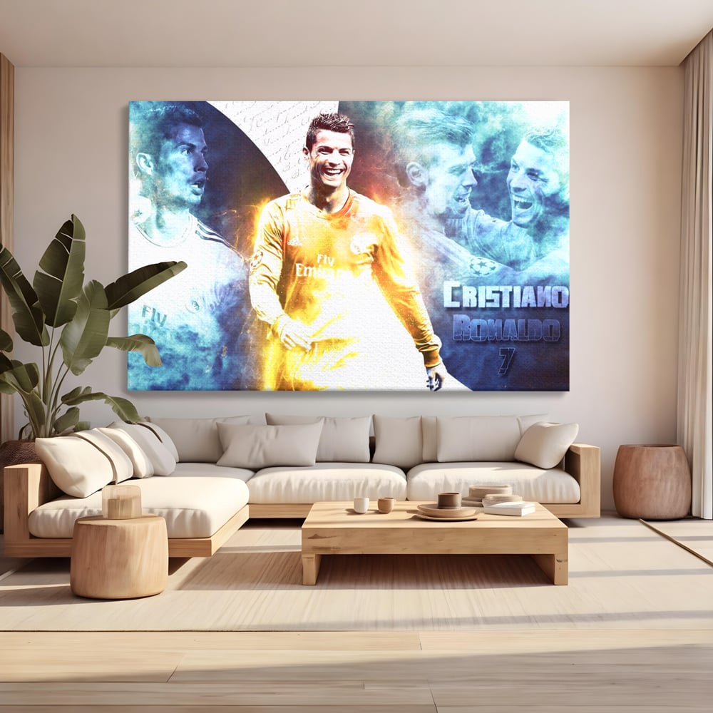 Tablou Canvas Premium LuxCanva® C1034, Cristiano Ronaldo ,  Culori, Fotbalist, Real Madrid, CR 7, Camera Copilului, Game Room, Bar, Relaxare, Culori Vibrante
