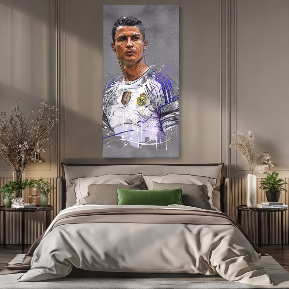 Tablou Canvas Premium LuxCanva® C1035, Cristiano Ronaldo , Culori, Fotbalist, Real Madrid, CR 7, GOAT Camera Copilului, Game Room, Bar, Relaxare, Culori Vibrante