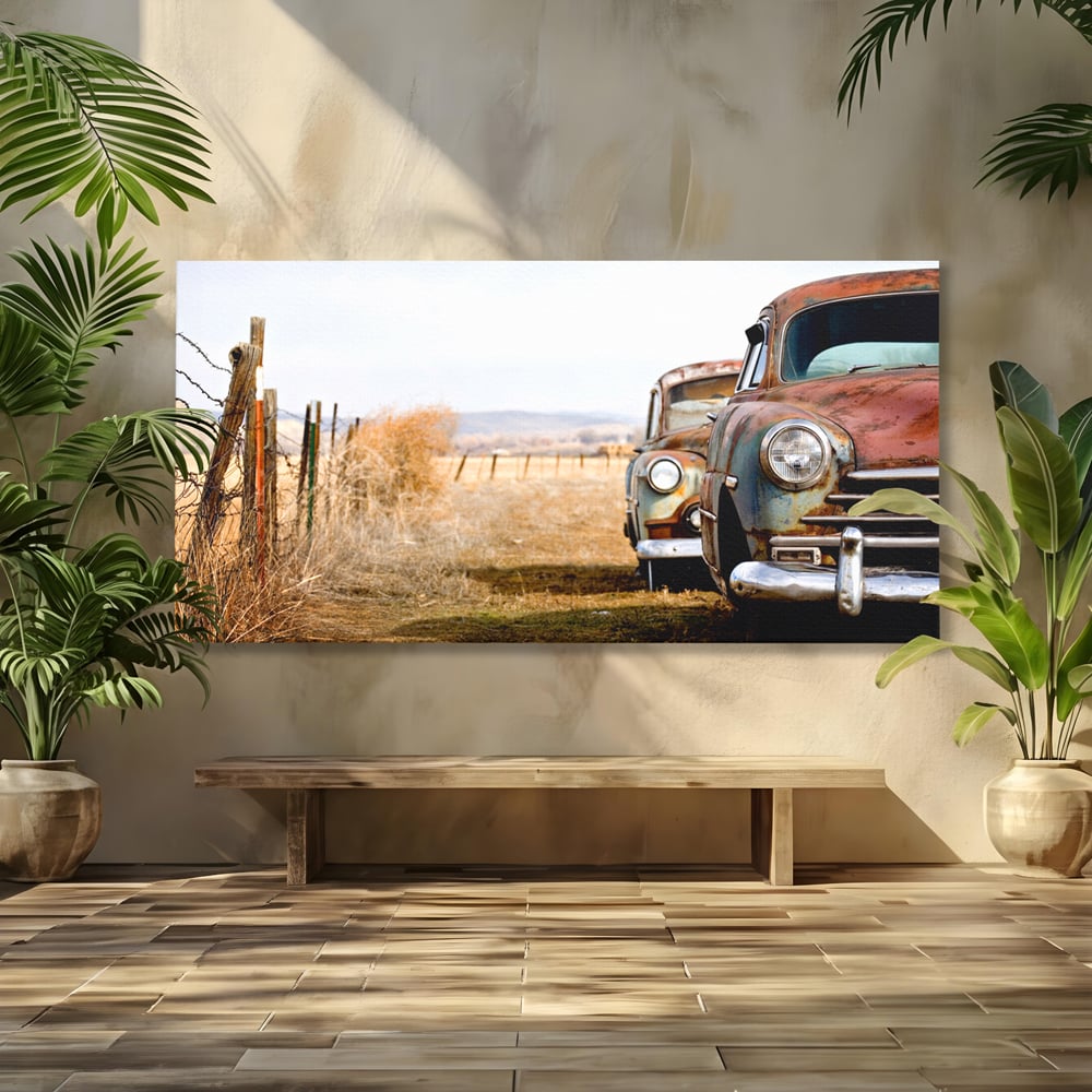 Tablou Canvas Premium LuxCanva® C1049, Old Cars ,  Culori, Backyard, Old Cars, Living Room, Bedroom, Relaxare, Culori Vibrante