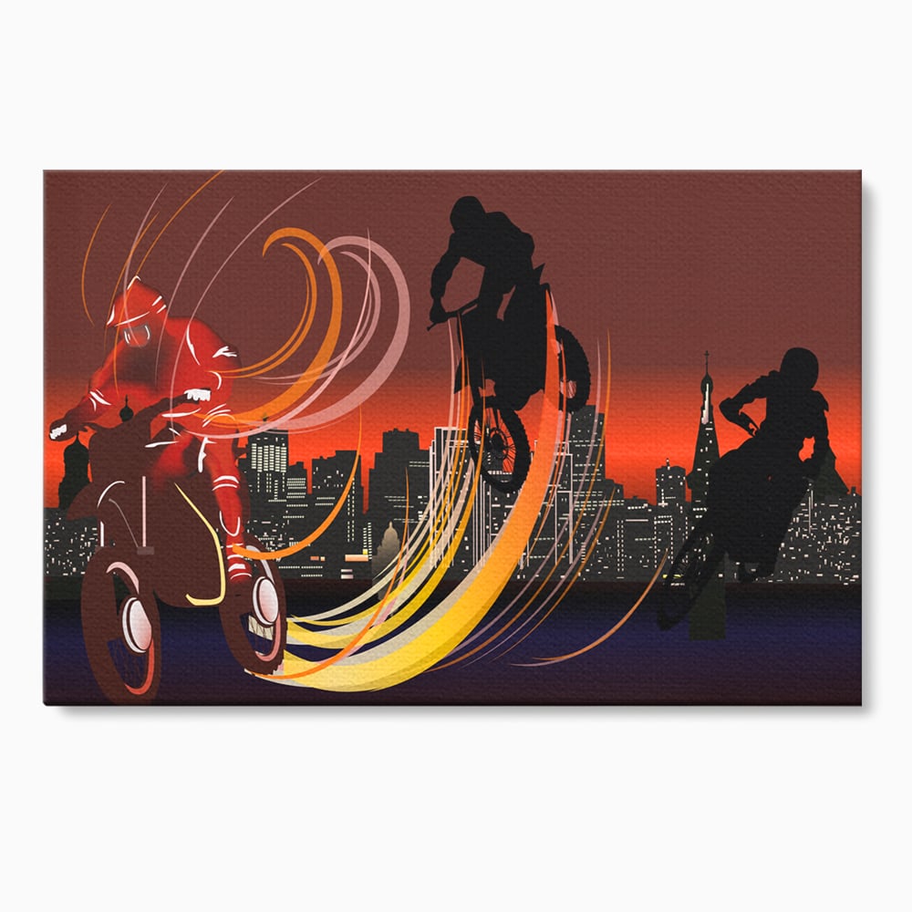 Tablou Canvas Premium LuxCanva® C1056, Riders In The Night , Race, Motorcycle, Camera Copilului, Game Room, Relaxare, Culori Vibrante
