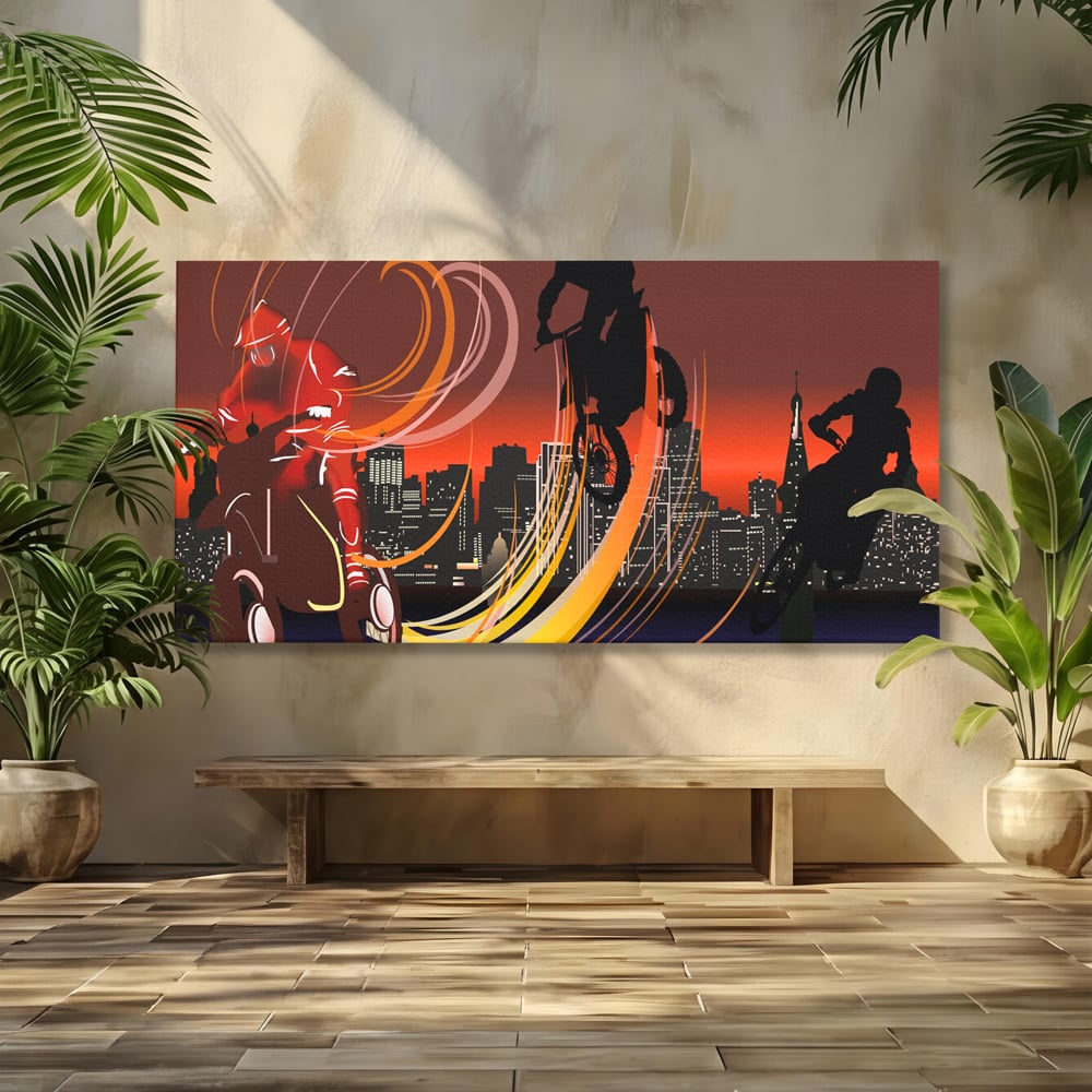 Tablou Canvas Premium LuxCanva® C1056, Riders In The Night , Race, Motorcycle, Camera Copilului, Game Room, Relaxare, Culori Vibrante