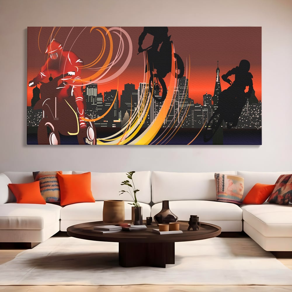 Tablou Canvas Premium LuxCanva® C1056, Riders In The Night , Race, Motorcycle, Camera Copilului, Game Room, Relaxare, Culori Vibrante