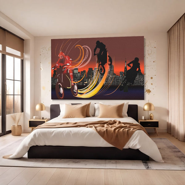Tablou Canvas Premium LuxCanva® C1056, Riders In The Night , Race, Motorcycle, Camera Copilului, Game Room, Relaxare, Culori Vibrante