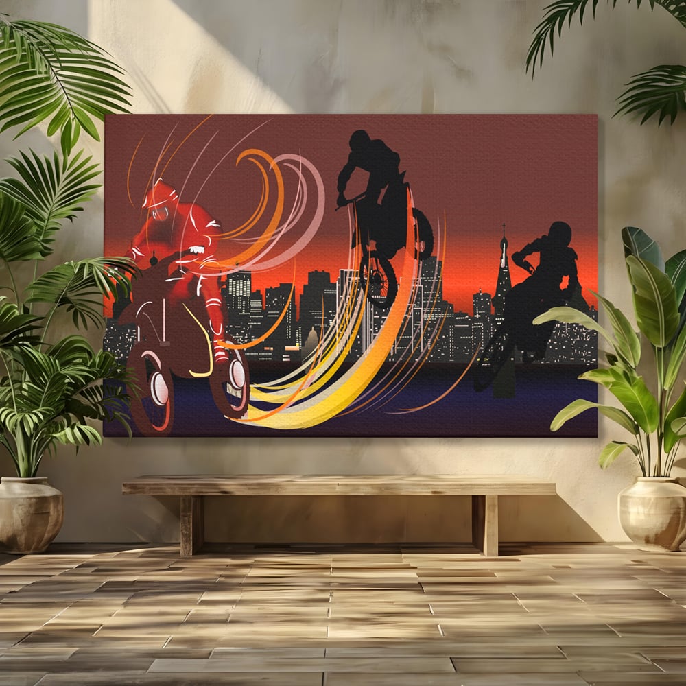 Tablou Canvas Premium LuxCanva® C1056, Riders In The Night , Race, Motorcycle, Camera Copilului, Game Room, Relaxare, Culori Vibrante
