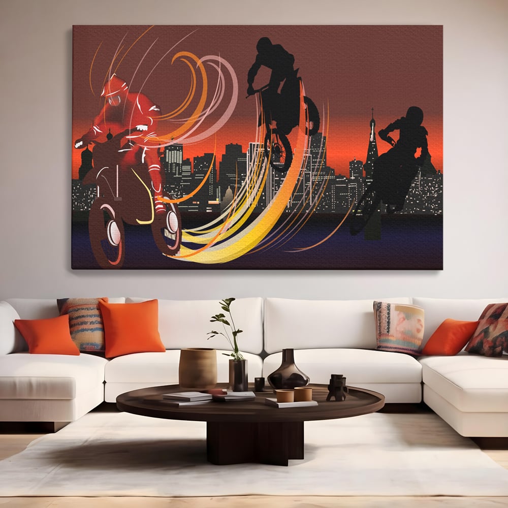 Tablou Canvas Premium LuxCanva® C1056, Riders In The Night , Race, Motorcycle, Camera Copilului, Game Room, Relaxare, Culori Vibrante