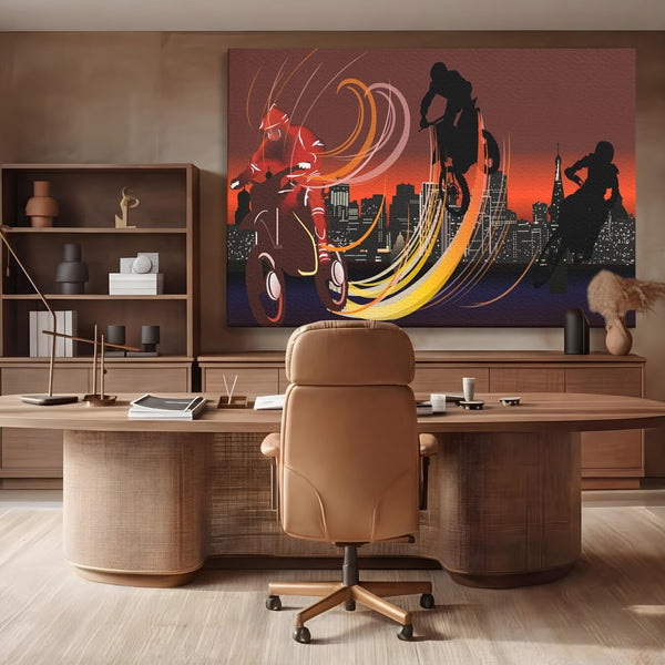 Tablou Canvas Premium LuxCanva® C1056, Riders In The Night , Race, Motorcycle, Camera Copilului, Game Room, Relaxare, Culori Vibrante