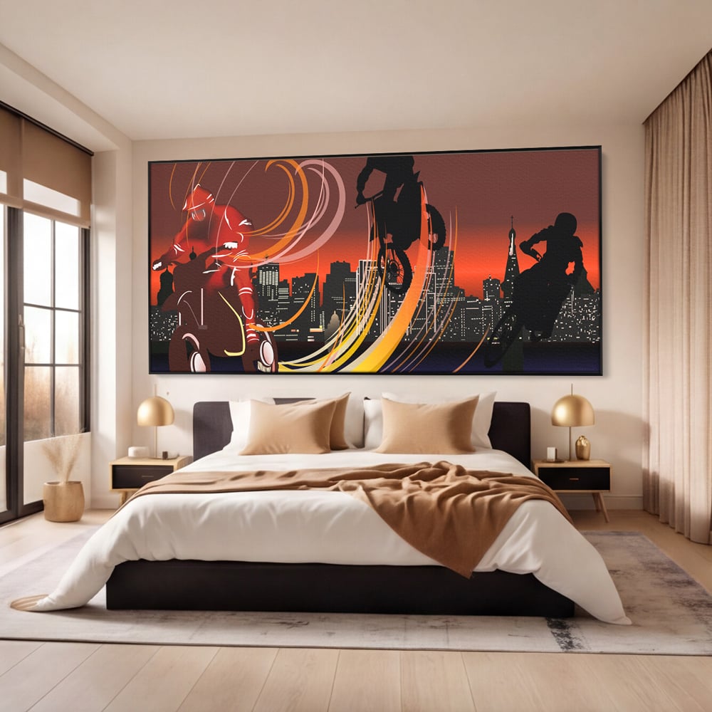 Tablou Canvas Premium LuxCanva® C1056, Riders In The Night , Race, Motorcycle, Camera Copilului, Game Room, Relaxare, Culori Vibrante