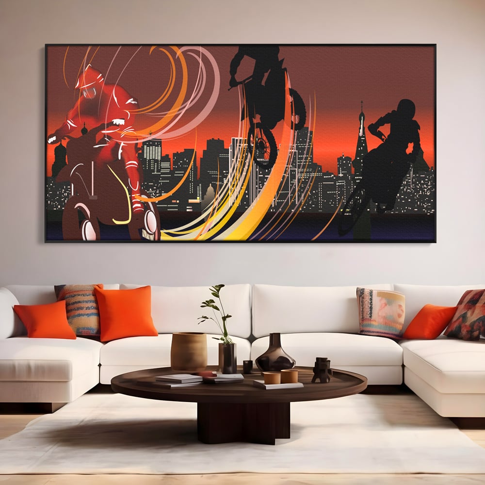 Tablou Canvas Premium LuxCanva® C1056, Riders In The Night , Race, Motorcycle, Camera Copilului, Game Room, Relaxare, Culori Vibrante