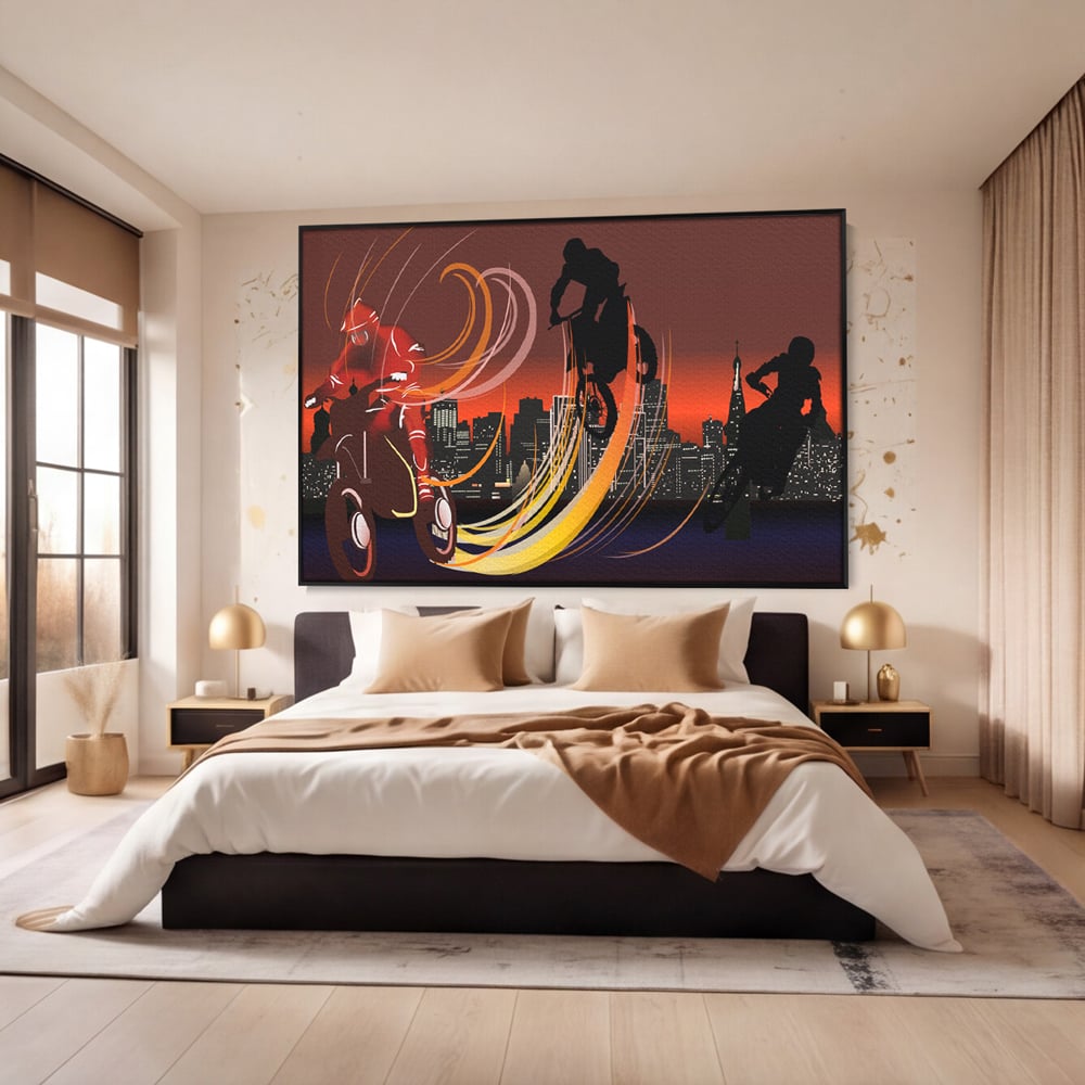 Tablou Canvas Premium LuxCanva® C1056, Riders In The Night , Race, Motorcycle, Camera Copilului, Game Room, Relaxare, Culori Vibrante