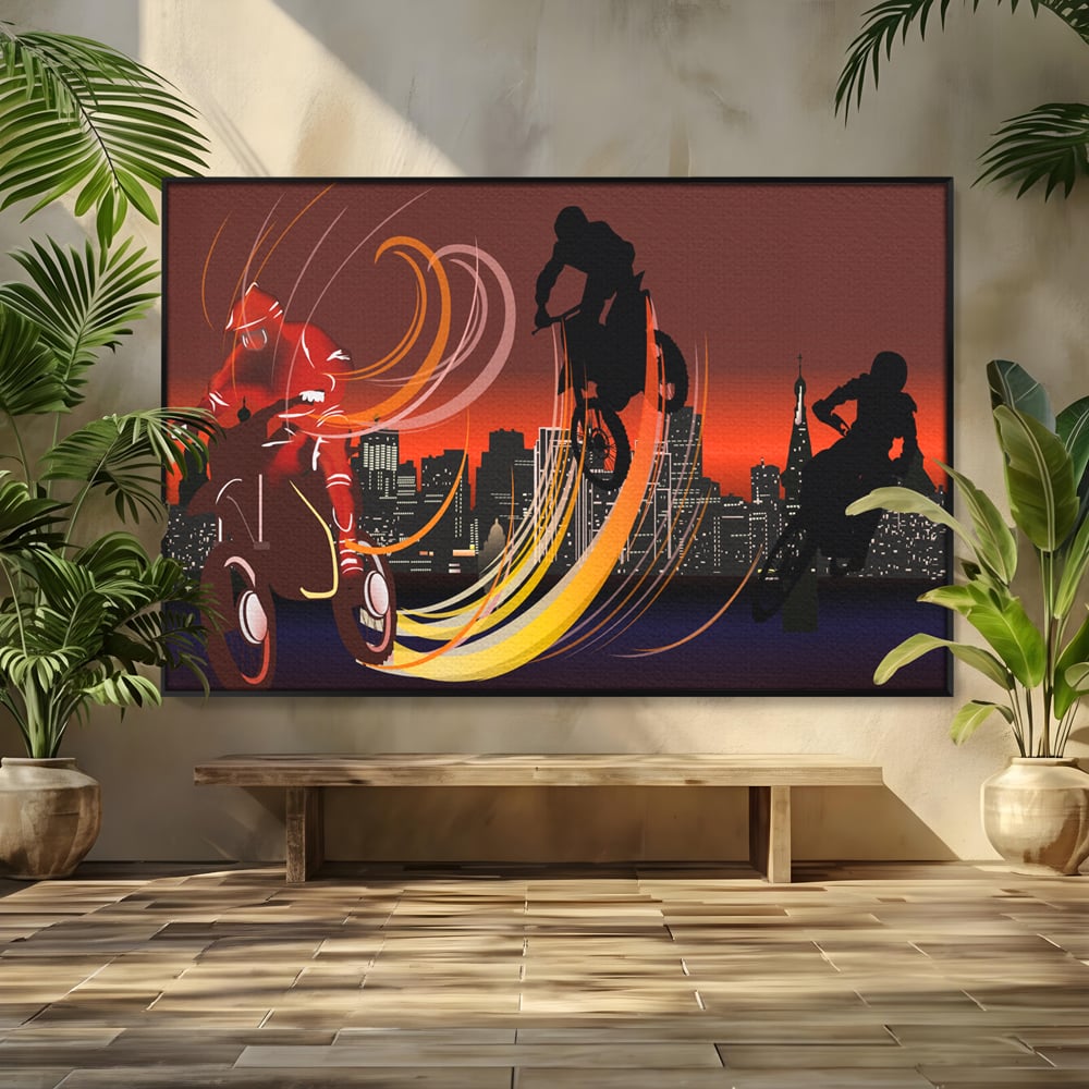 Tablou Canvas Premium LuxCanva® C1056, Riders In The Night , Race, Motorcycle, Camera Copilului, Game Room, Relaxare, Culori Vibrante
