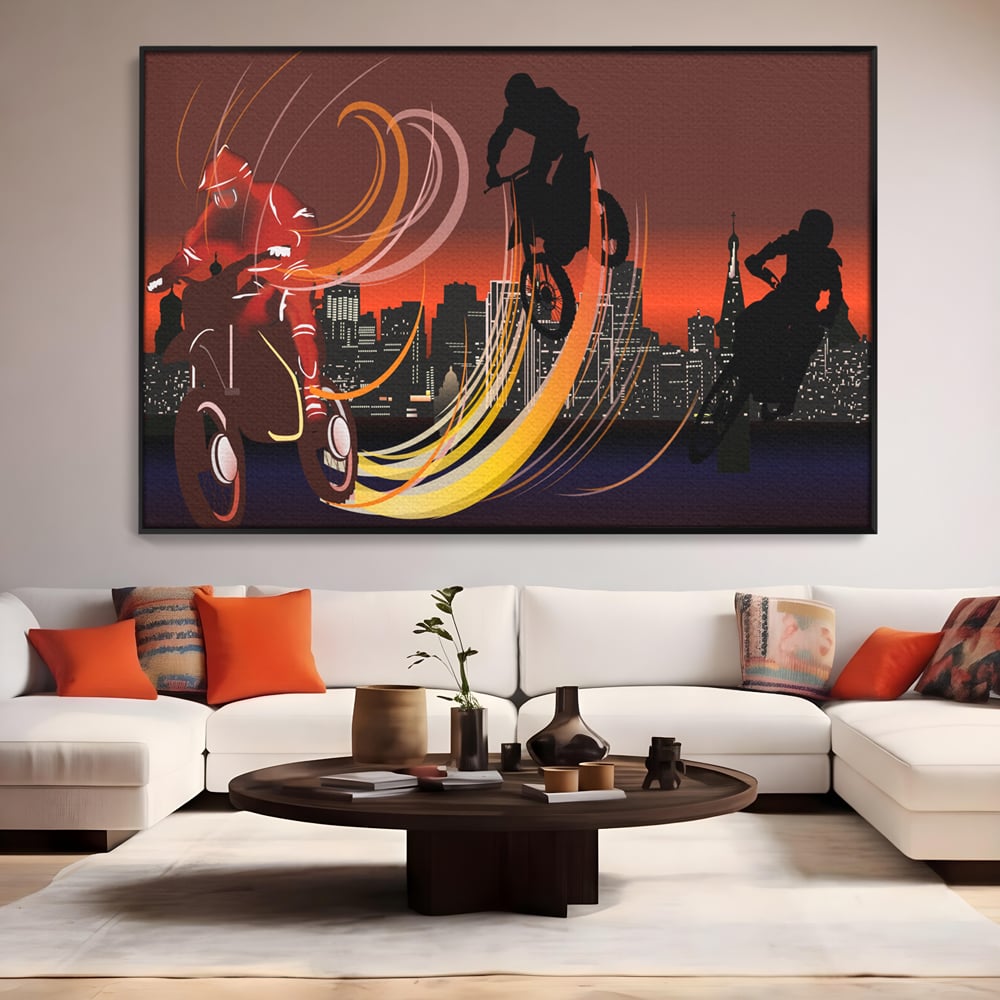 Tablou Canvas Premium LuxCanva® C1056, Riders In The Night , Race, Motorcycle, Camera Copilului, Game Room, Relaxare, Culori Vibrante